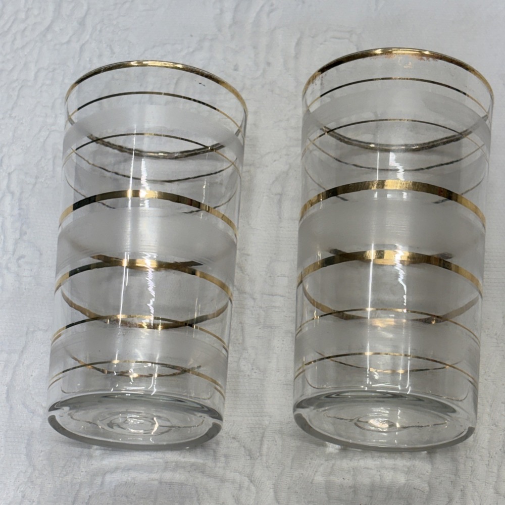 Vintage Mid Century Modern Frosted & Striped Glasses Set Of 2
